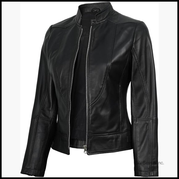 Lambskin Leather Jacket Women Cafe Racer Style Long Sleeve